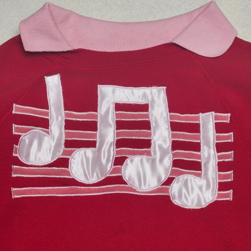 80s Music Notes Collared Sweatshirt Ruffle Cuff Red Boxy Size S/M Vintage - Picture 2 of 7